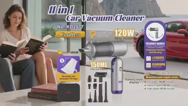 DSP cordless handheld vacuum cleaner and air duster set with multiple nozzles and storage case.