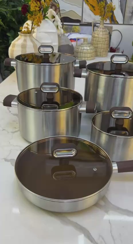 Titanium Coated 18/10 Stainless Steel Cookware Set with Wood Look Handles — 10 Pieces