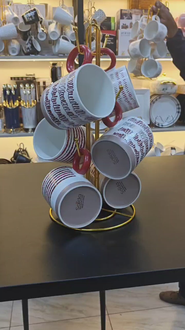 Set of 6 Ceramic Coffee Mugs with Gold Metal Stand