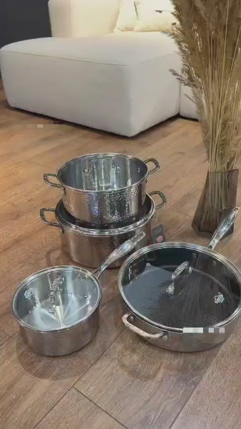 Premium High quality Tripply S/S Stainless steel cookware set with Hammered Patterned design
