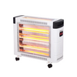 Rebune electric quartz heater with 4 glowing heating elements behind a metal safety grille, white body, dual toggle switches, and 4 rolling caster wheels