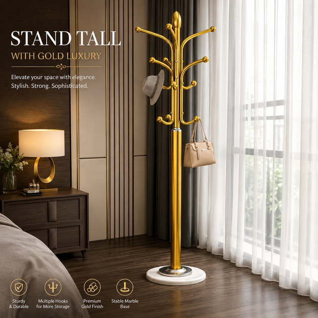 Luxury gold standing coat rack with marble base and multiple hooks for hanging coats, handbags, hats, and umbrellas in a modern bedroom interior.