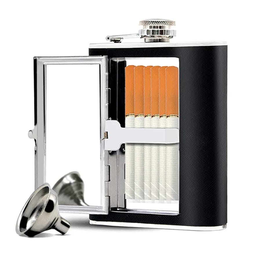 Stainless steel hip flask with a hidden cigarette storage