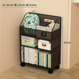 3-tier black and white metal mesh rolling bookshelf measuring 45cm long by 22cm wide by 63cm tall, with deep top basket holding a school backpack, middle shelf with books and storage box, bottom shelf with upright books, on lockable wheels — mobile study storage rack available at iDecorators Kenya, Nairobi.