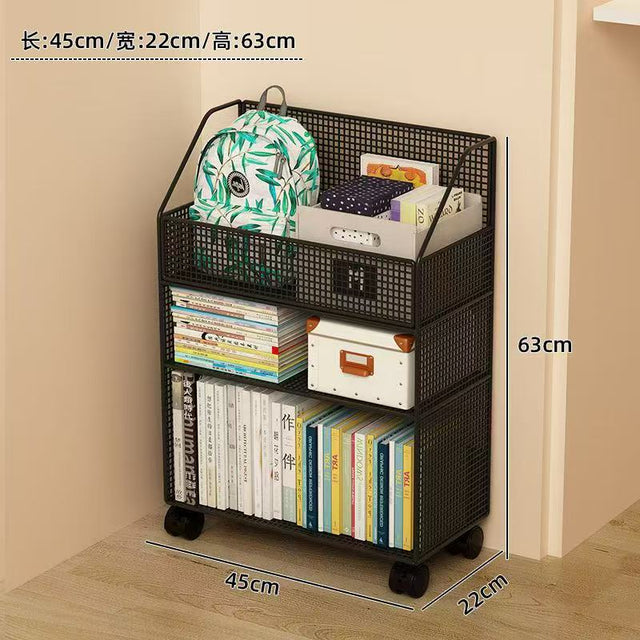3-tier black and white metal mesh rolling bookshelf measuring 45cm long by 22cm wide by 63cm tall, with deep top basket holding a school backpack, middle shelf with books and storage box, bottom shelf with upright books, on lockable wheels — mobile study storage rack available at iDecorators Kenya, Nairobi.