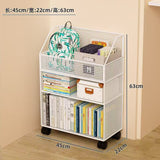 3-tier black and white metal mesh rolling bookshelf measuring 45cm long by 22cm wide by 63cm tall, with deep top basket holding a school backpack, middle shelf with books and storage box, bottom shelf with upright books, on lockable wheels — mobile study storage rack available at iDecorators Kenya, Nairobi.