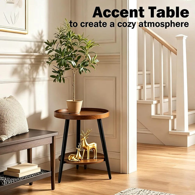 Round Two Tier Accent Table with Walnut Finish Top and Black Legs, 50 cm