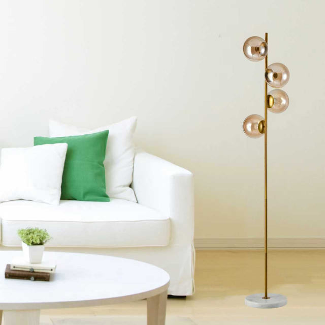 Gold Globe Floor Lamp with Amber Glass and Marble Base — 4 Lights