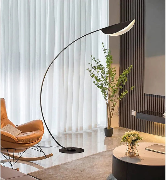 Modern Black Arc Floor Lamp with Leaf Shade — 185cm