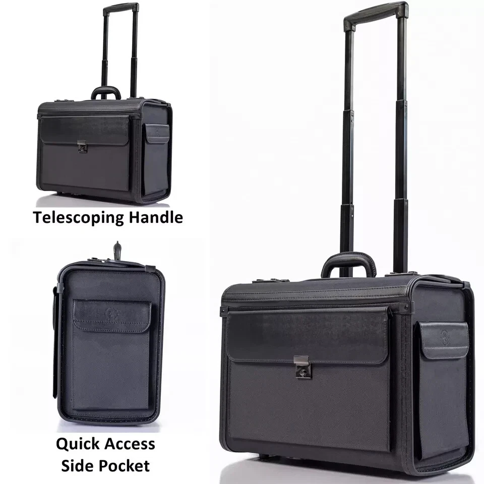 Black rolling pilot briefcase trolley bag with extended telescoping handle, grey fabric body, black leather trim panels, front clasp pocket, and quick-access side pocket — professional business travel laptop case available at iDecorators Kenya, Nairobi.