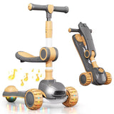 2-in-1 kids' kick scooter in navy blue and yellow with removable seat, LED light-up wheels, and music feature, shown assembled and folded