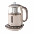 1.5-liter electric kettle with a glass body and stainless steel infuser, fast heating performance, water level indicator, and a stable base with easy-control buttons, ideal for tea, coffee, and daily use