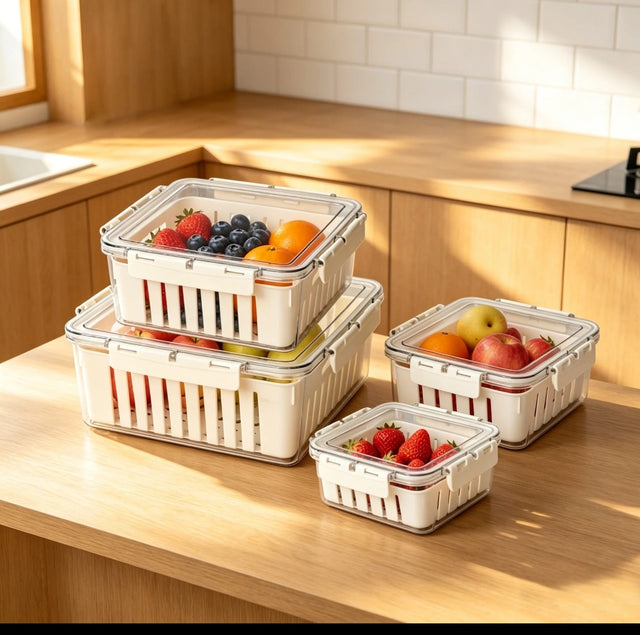 Keep produce fresh longer with BPA-free storage containers featuring drain baskets and airtight lids. Ideal for fridge organization in Kenya.