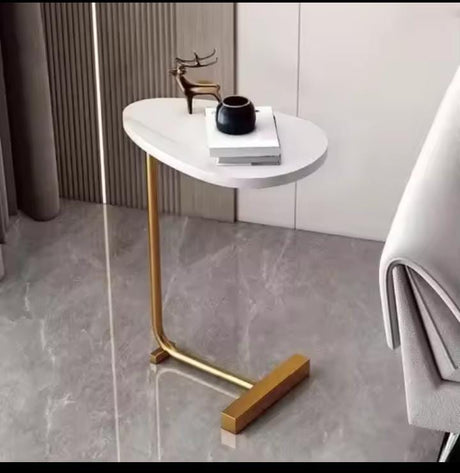 A stylish and functional modern C-shape side table featuring a smooth wooden tabletop and a strong metal base