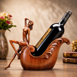 Decorative resin lady wine bottle holder with a wood-look finish holding a standard wine bottle.