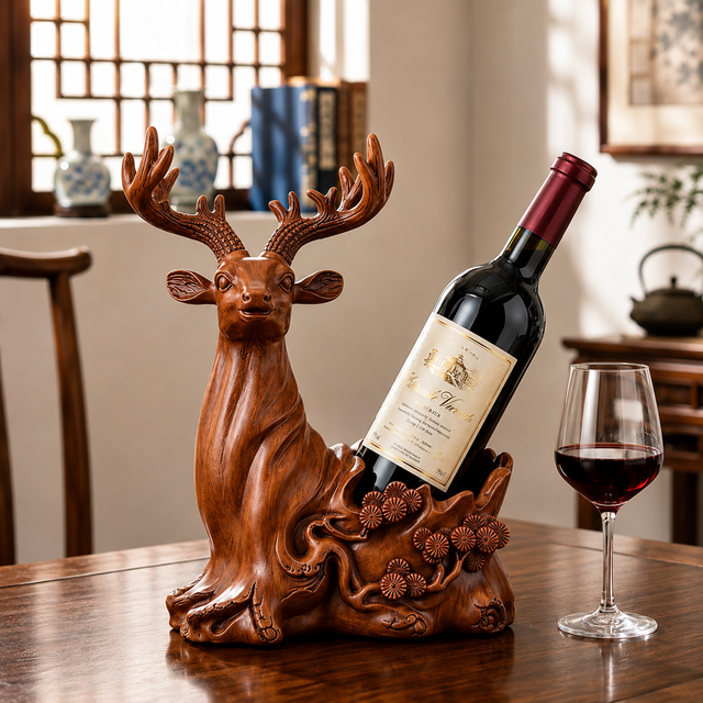 Decorative resin deer wine bottle holder with a wood-look finish displaying a standard wine bottle on a wooden table.
