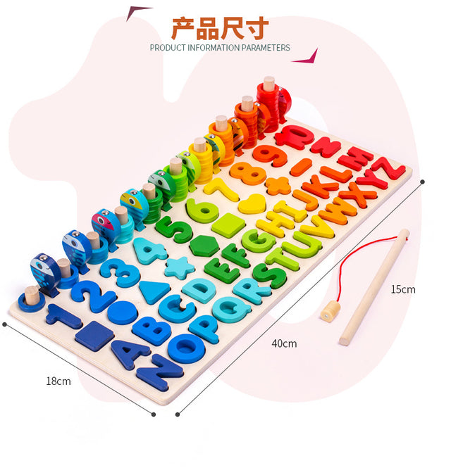 Colorful wooden puzzle with letters and numbers on a white background