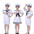 Kids wearing white navy sailor costume sets with matching sailor hats for marine role play, school career day, and themed events