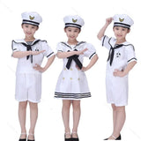 Kids wearing white navy sailor costume sets with matching sailor hats for marine role play, school career day, and themed events