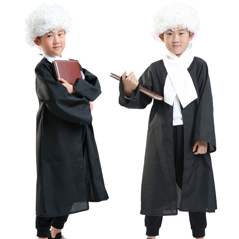 Kids dressed in black judge costume gowns with white curly wigs holding books for school role play and themed performances.