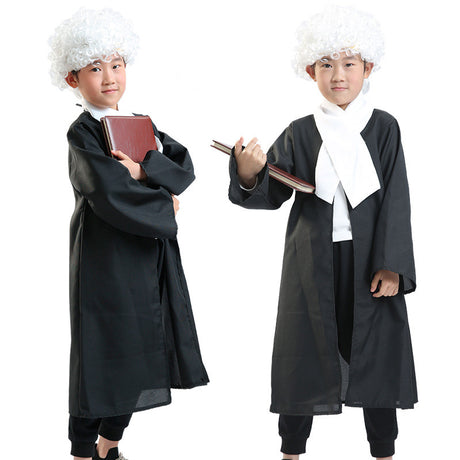 Kids dressed in black judge costume gowns with white curly wigs holding books for school role play and themed performances.