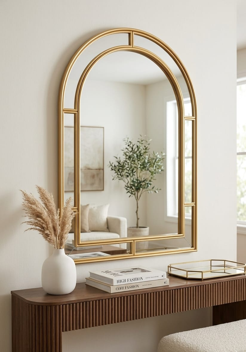 Arched wall mirror gold frame entryway console — iDecorators Kenya
