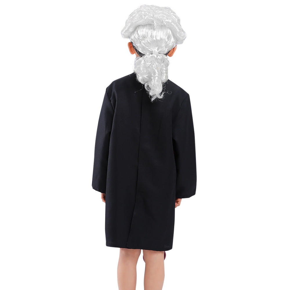 Person wearing a black coat with silver hair extensions on a white background