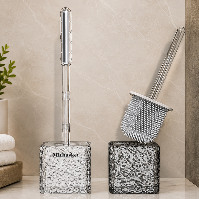 Luxury silicone toilet brush with a textured decorative holder displayed in a modern bathroom.