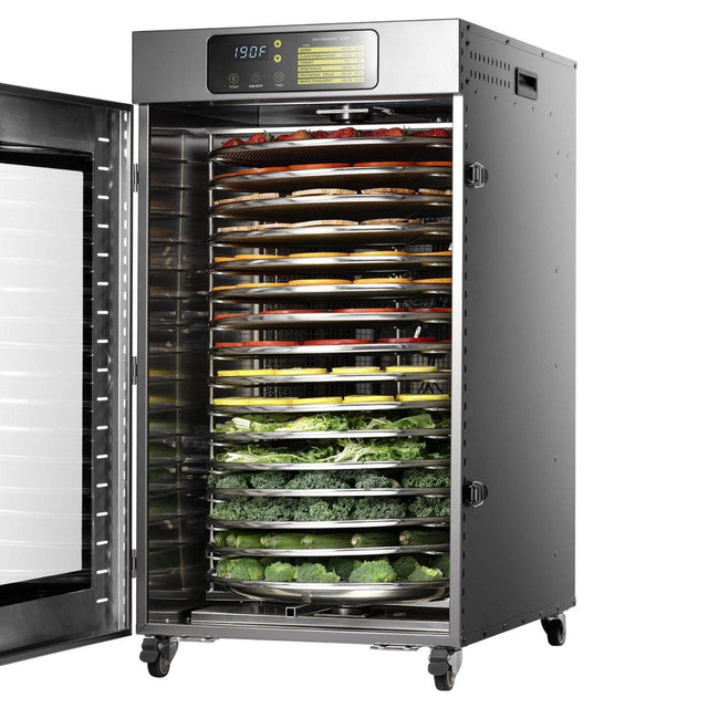 Commercial 16-tray stainless steel food dehydrator with digital controls and multiple drying racks for fruits, vegetables, herbs, and meat.